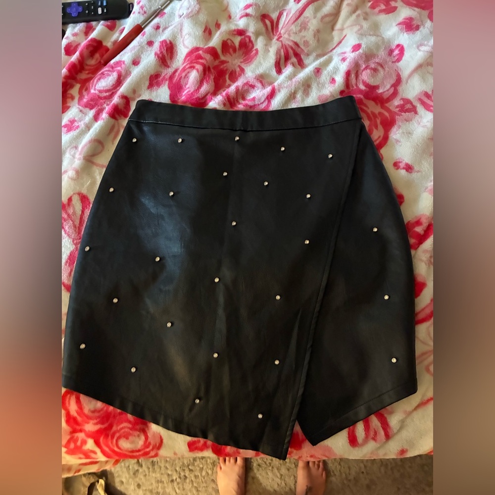 Black Faux Leather skirt with studded rhinestones from REVOLVE